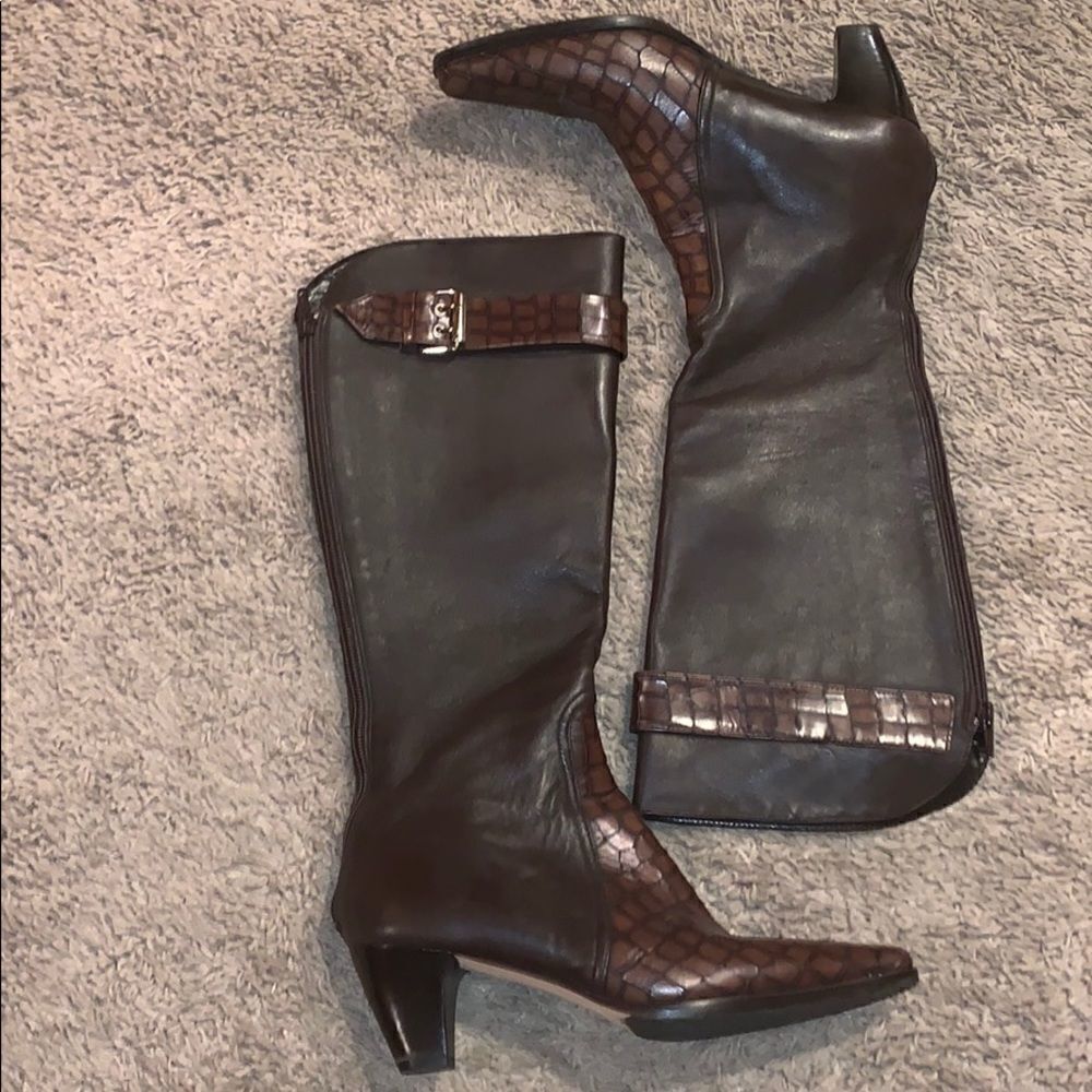 Prevata Brown Diana Leather Croc Heeled Boots